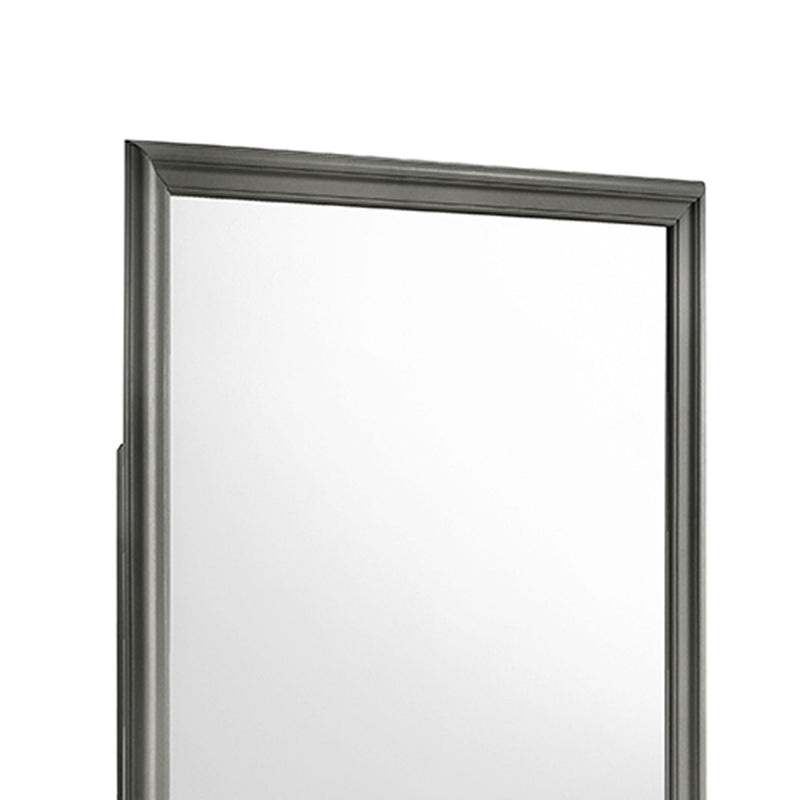 Dark gray framed square Blaze mirror close-up, reflective glass surface