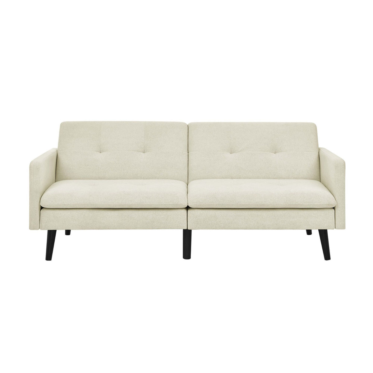 Front view of light beige futon sofa with two tufted back panels and black legs