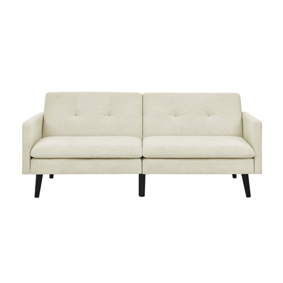 Front view of light beige futon sofa with two tufted back panels and black legs