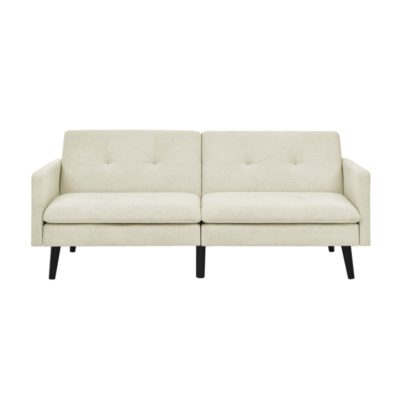 Front view of light beige futon sofa with two tufted back panels and black legs