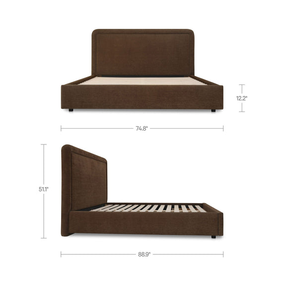 Queen storage bed diagram: brown upholstered headboard, platform base, and size labels