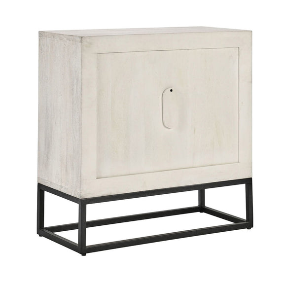 White wash sideboard cabinet with one large door panel and black metal base