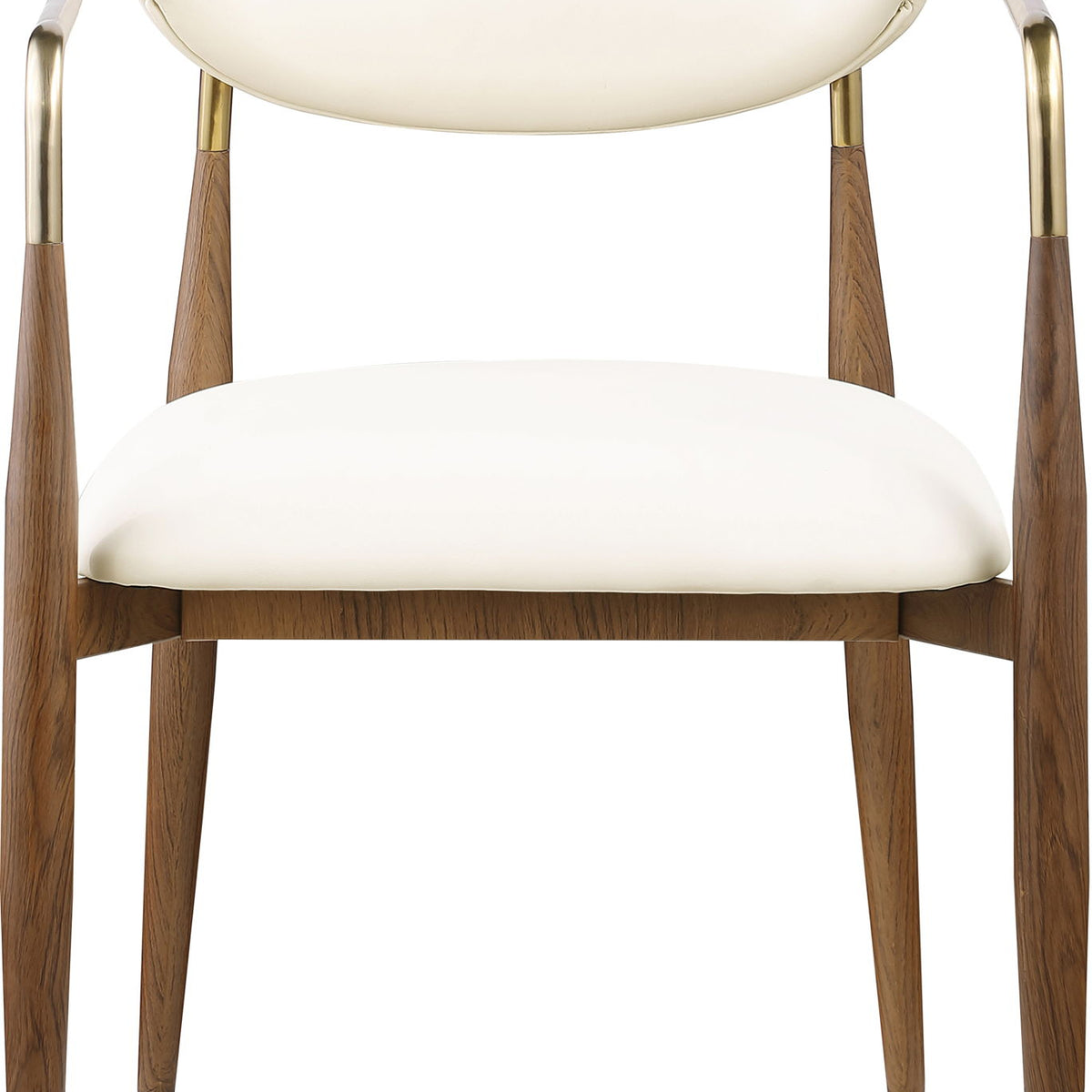 Beige upholstered dining arm chair with rounded back and gold arm supports