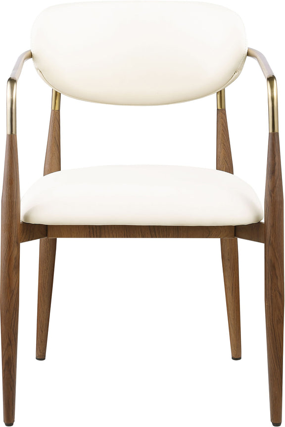 Beige upholstered dining arm chair with rounded back and gold arm supports