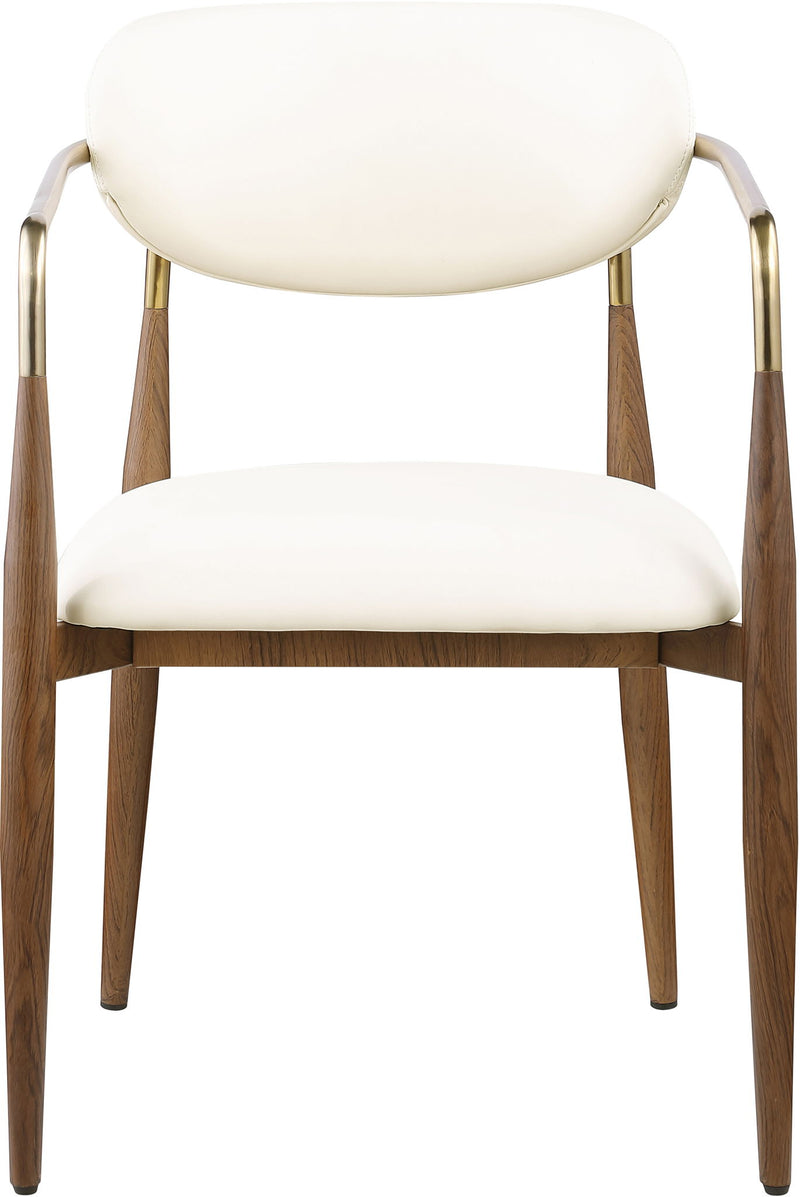 Beige upholstered dining arm chair with rounded back and gold arm supports