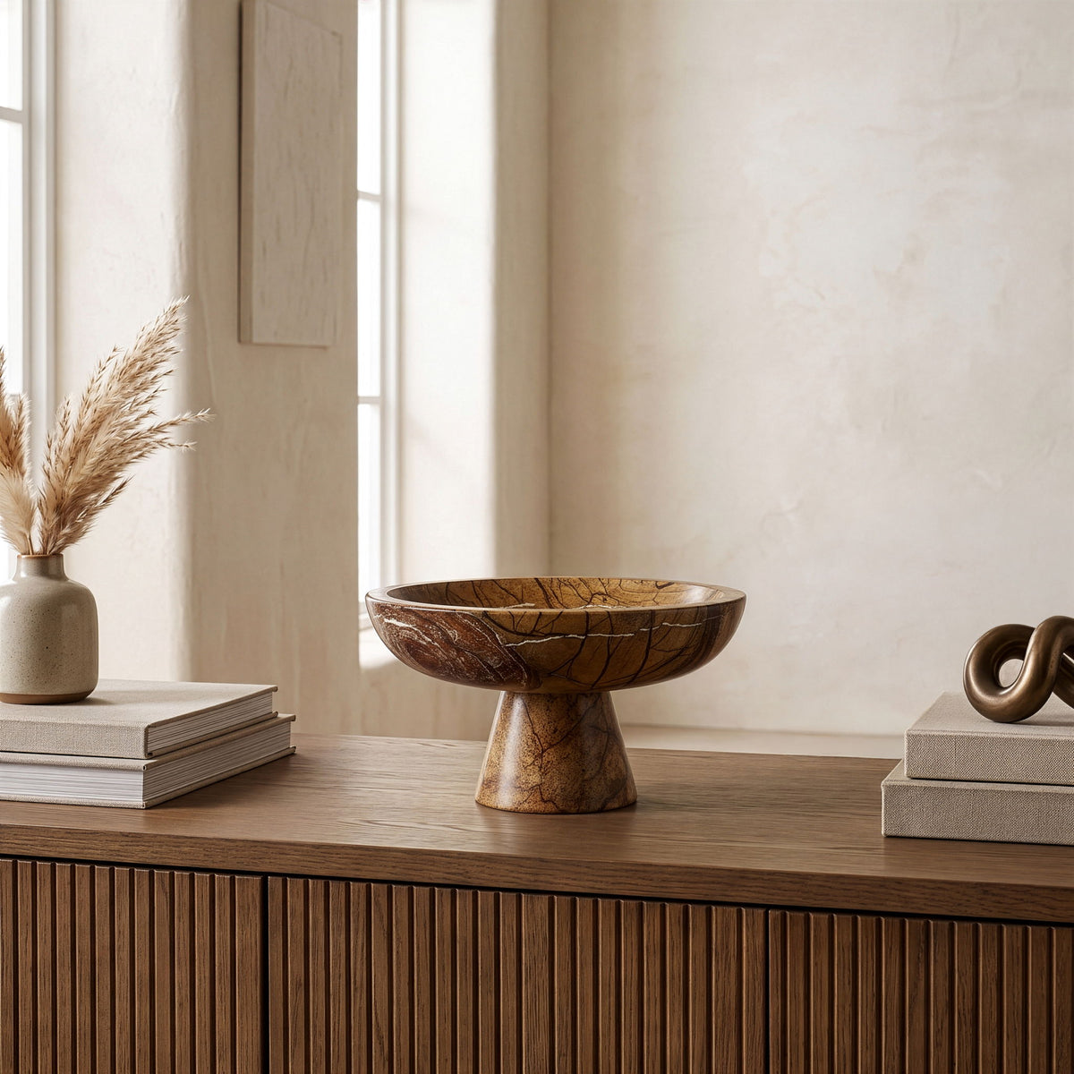 Marble bowl by Simpson, medium brown marble bowl on pedestal base