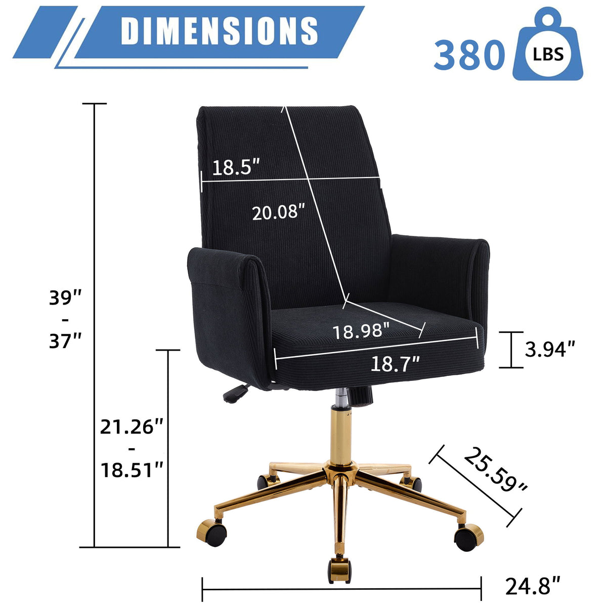 Black ergonomic mid-back office chair with upholstered headrest and gold base