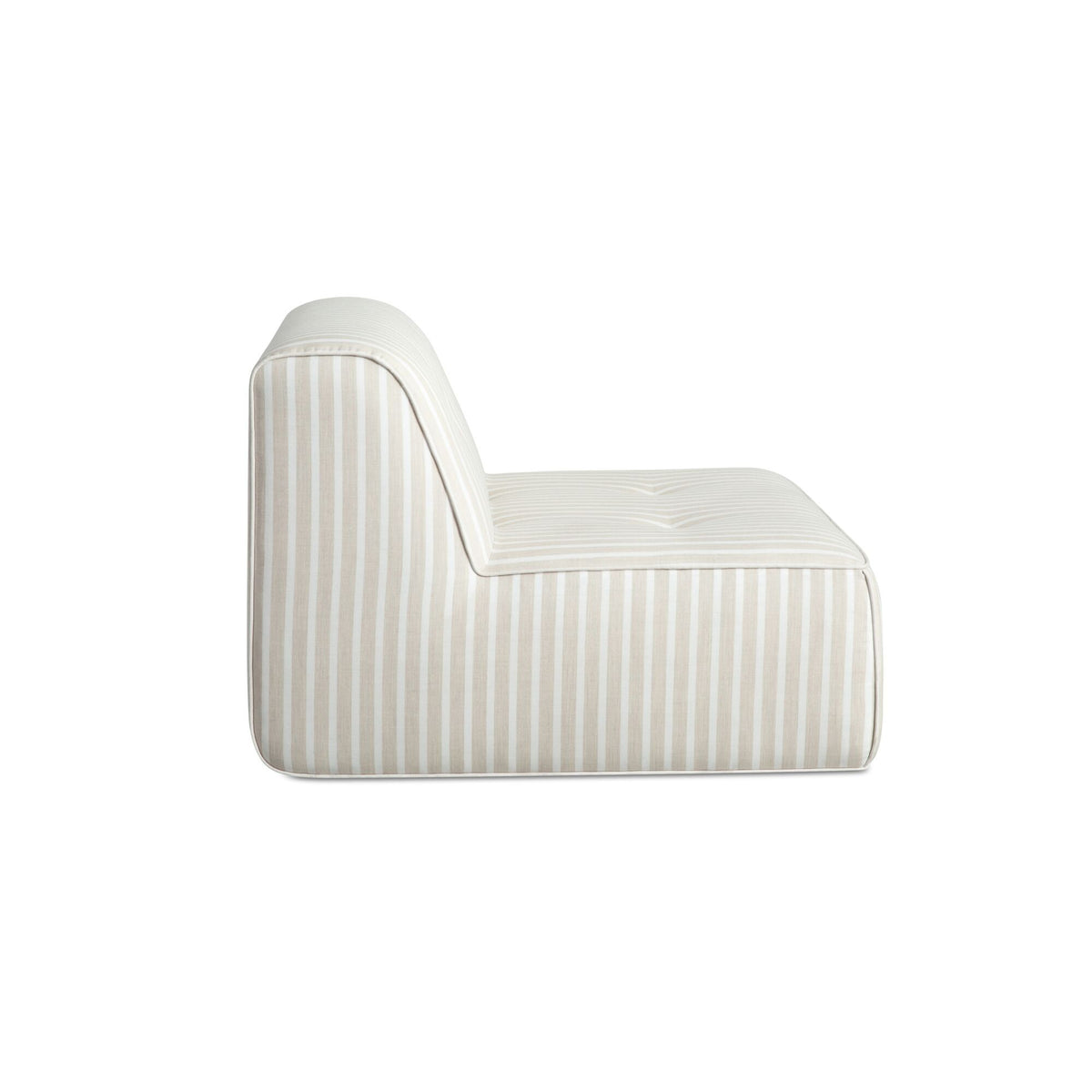 Striped outdoor chaise lounge chair with cushioned seat, light brown and white stripes