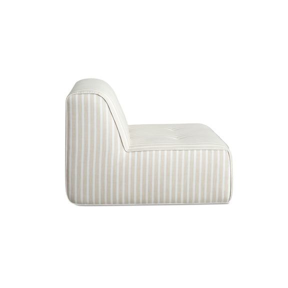 Striped outdoor chaise lounge chair with cushioned seat, light brown and white stripes