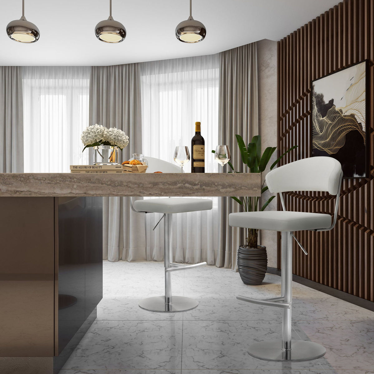 White cushioned barstool with curved back, chrome pedestal base, and footrest in a room.