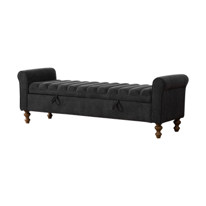 65.55' Wide Modern Upholstered Storage Bench with Rolled Armrest, Napped Fabric in Charcoal, Solid Wood Frame with Rubberwood Legs for Living Room, Entryway, Dormitory, Bedroom