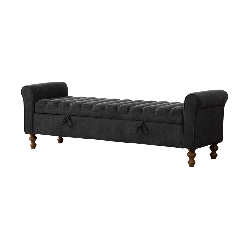 65.55' Wide Modern Upholstered Storage Bench with Rolled Armrest, Napped Fabric in Charcoal, Solid Wood Frame with Rubberwood Legs for Living Room, Entryway, Dormitory, Bedroom