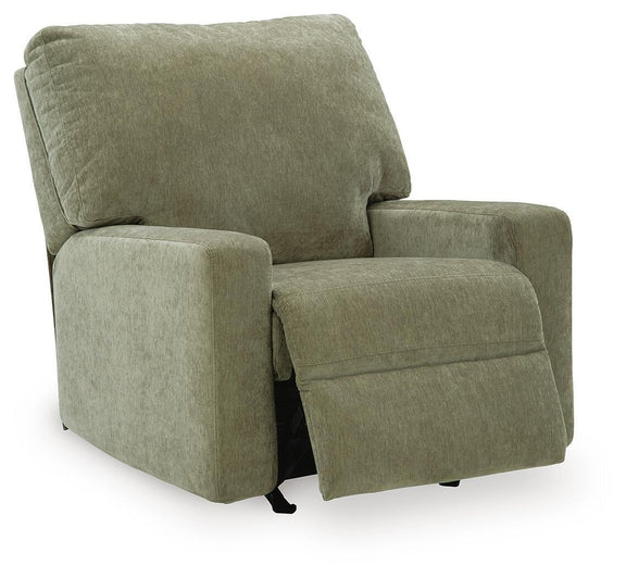 Green fabric rocker recliner with padded arms, cushioned seat, and upright backrest.