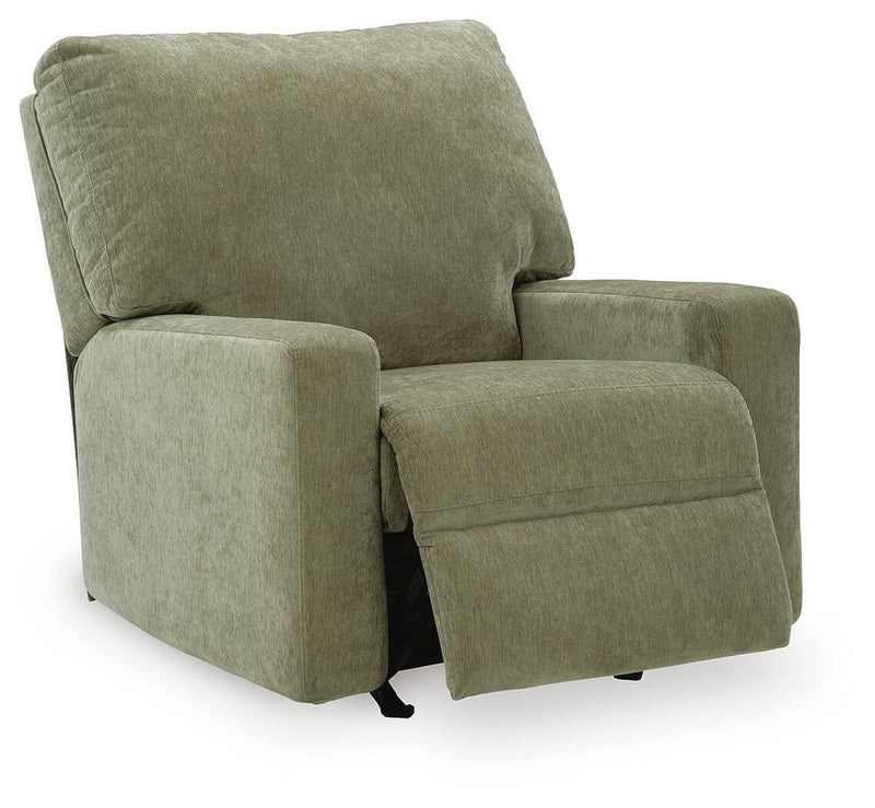 Green fabric rocker recliner with padded arms, cushioned seat, and upright backrest.