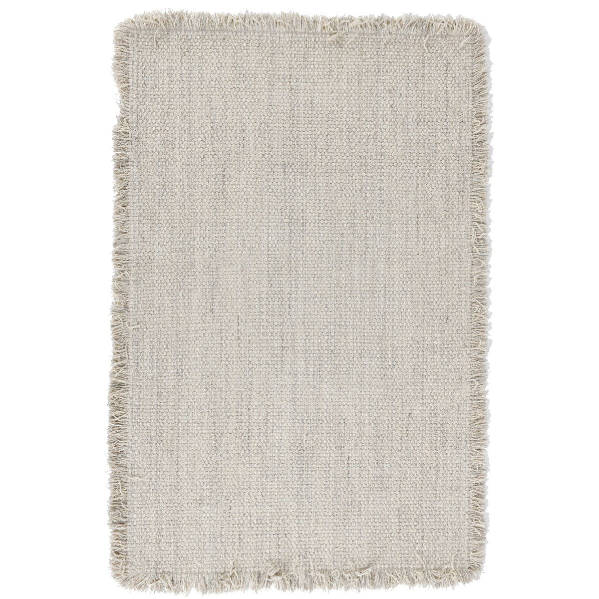 Ivory wool rug with short fringe, rectangular flatwoven texture.