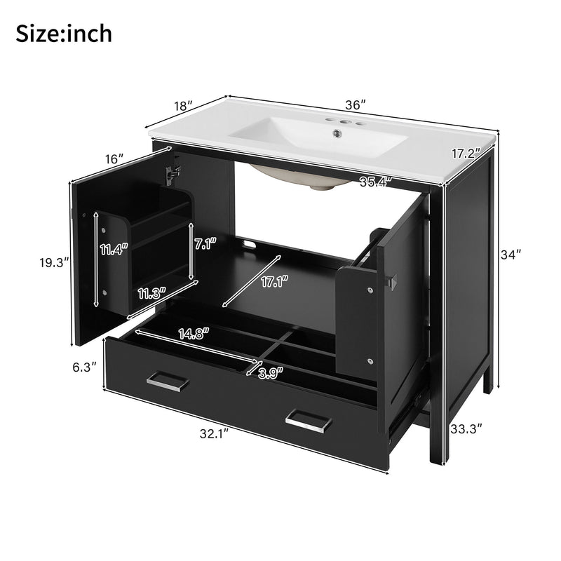 Bathroom Vanity With Sink, Soft Close Doors, Double Shelves & Divided Drawer