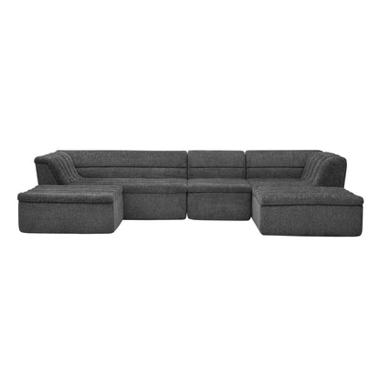 Dark gray modular sectional sofa with chaise, wave-style arms, and ottoman blocks