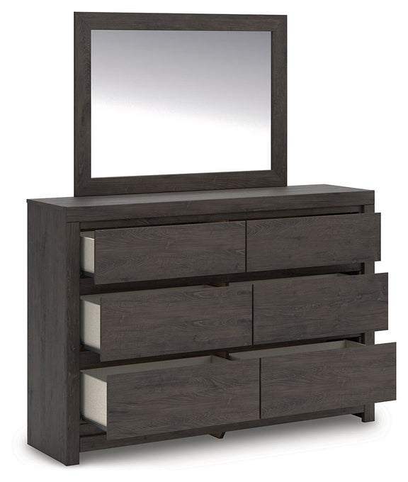 Charcoal dresser with rectangular mirror, multi-drawer storage and open lower drawer