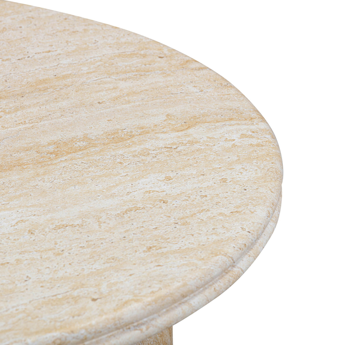 Beige round table top edge with textured, speckled stone-look finish