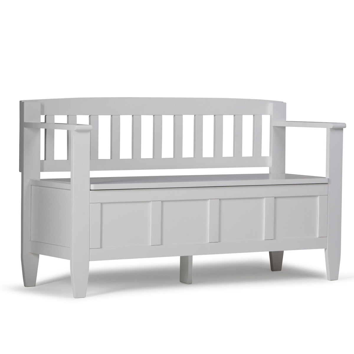 White storage bench with slatted back and front panel doors