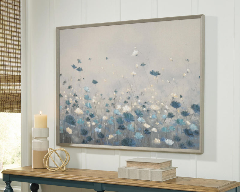 Framed floral wall art with blue and white flowers, light gray backdrop