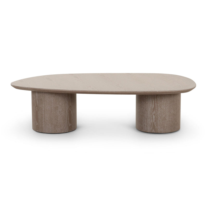 Washed ash oblong coffee table with rounded top and two pedestal base supports