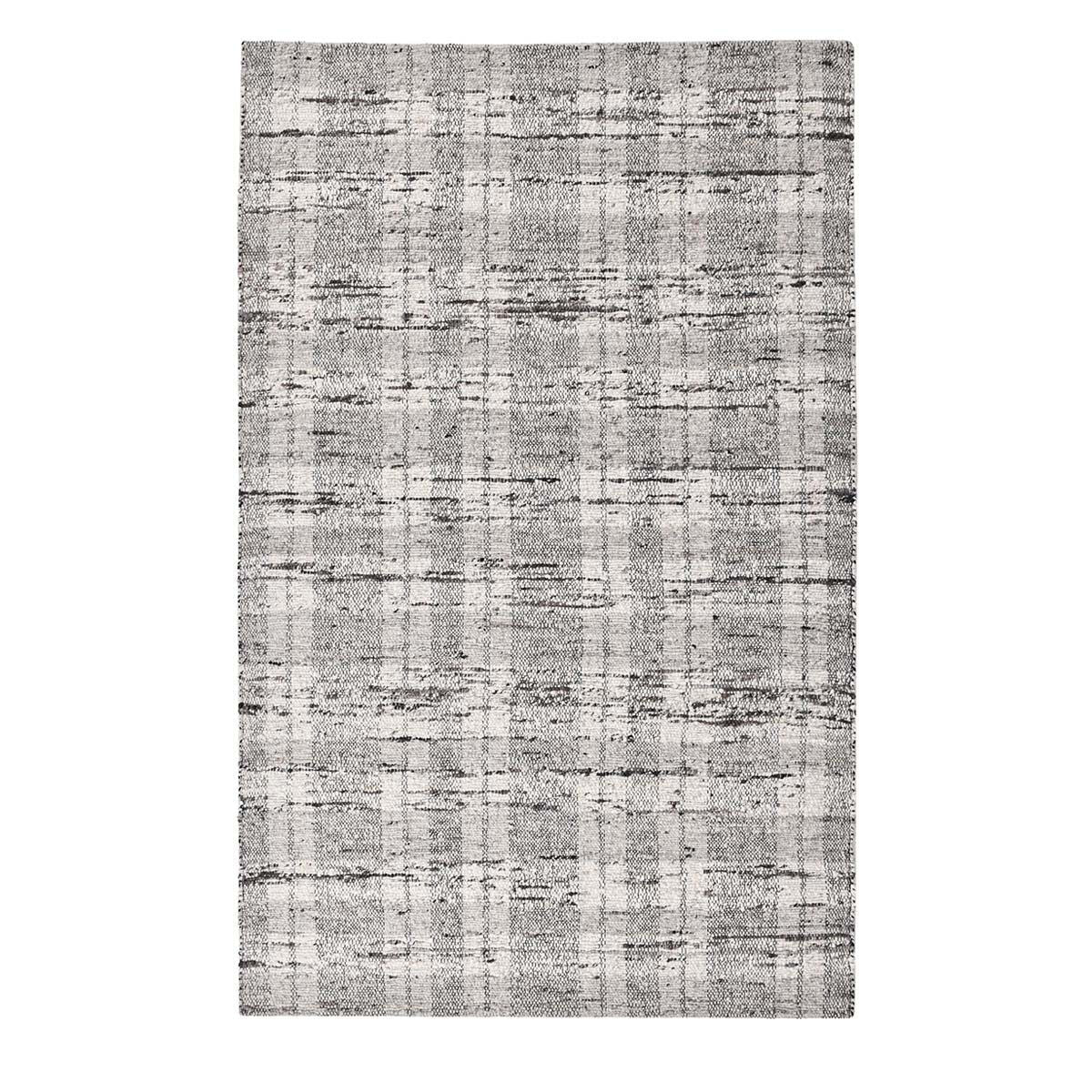 Light gray textured rug with dense speckling and grid-like pattern detail