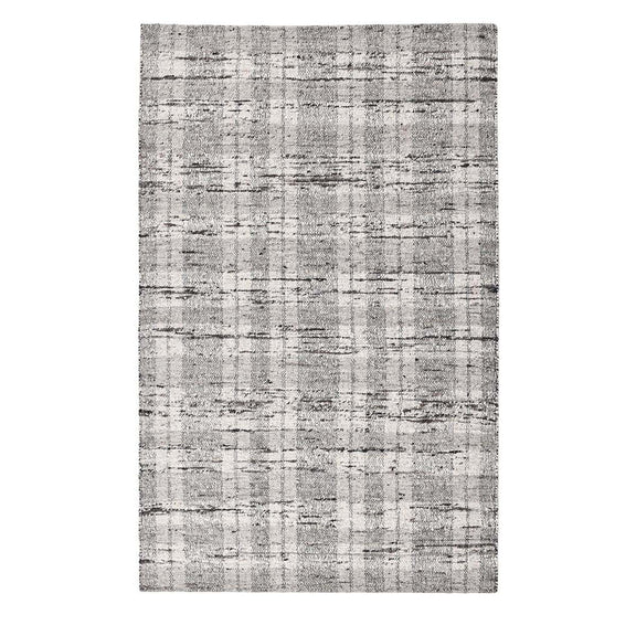 Light gray textured rug with dense speckling and grid-like pattern detail