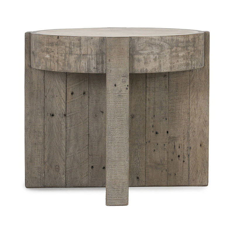 Distressed gray round end table with four-sided base and matching top.