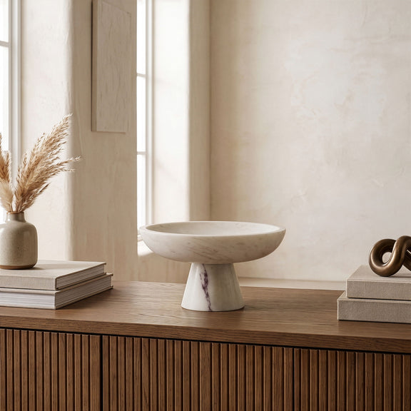 Marble bowl by Simpson, white marble bowl on short pedestal base