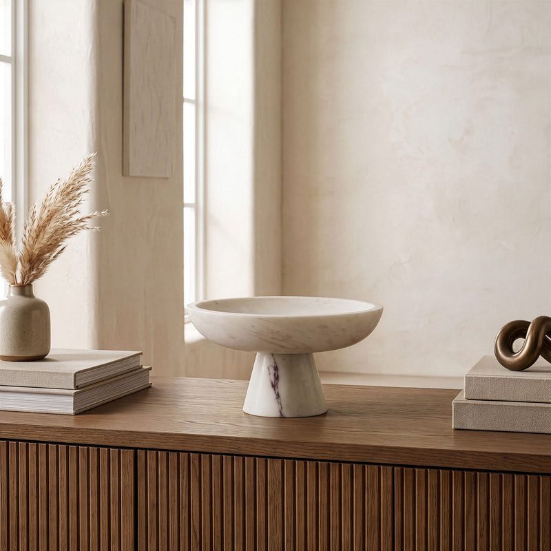 Marble bowl by Simpson, white marble bowl on short pedestal base