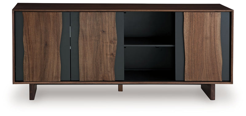 Brown accent cabinet with two sliding doors and open shelving compartments