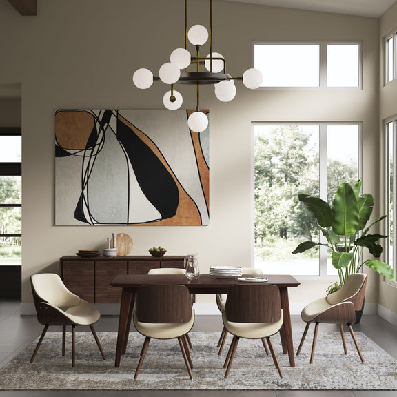 White-seated bentwood dining chairs with dark wood legs, dining room view