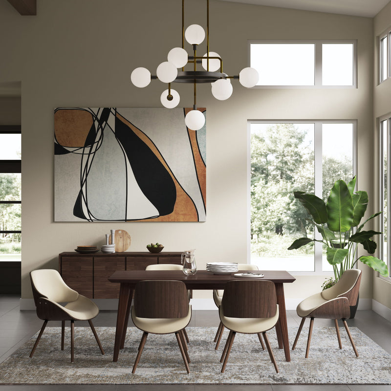 White-seated bentwood dining chairs with dark wood legs, dining room view