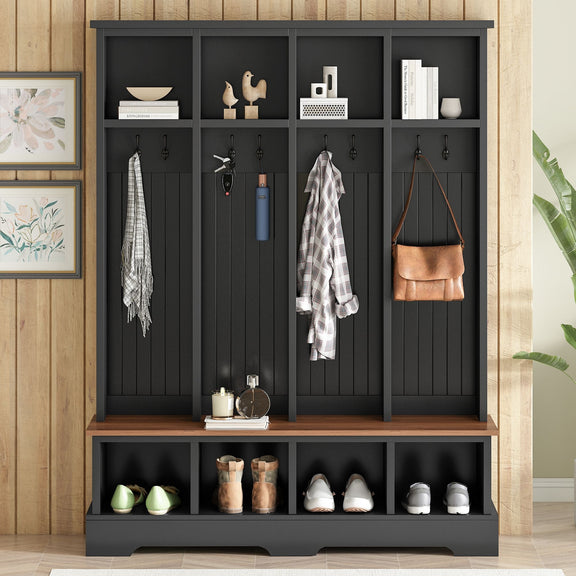 Black hall tree entryway organizer with 8 hooks, open shelves, and bench cubbies.