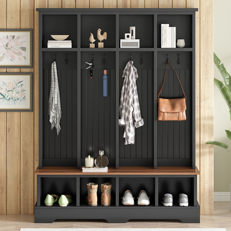 Black hall tree entryway organizer with 8 hooks, open shelves, and bench cubbies.