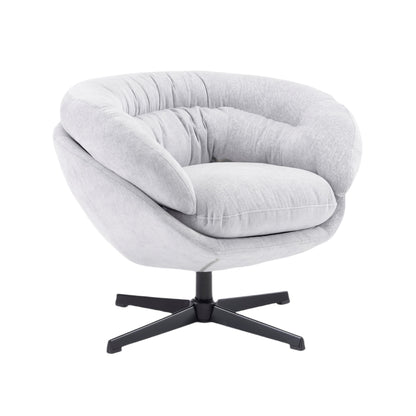 Modern office swivel chair with padded oval seat and back, light gray fabric, swivel base