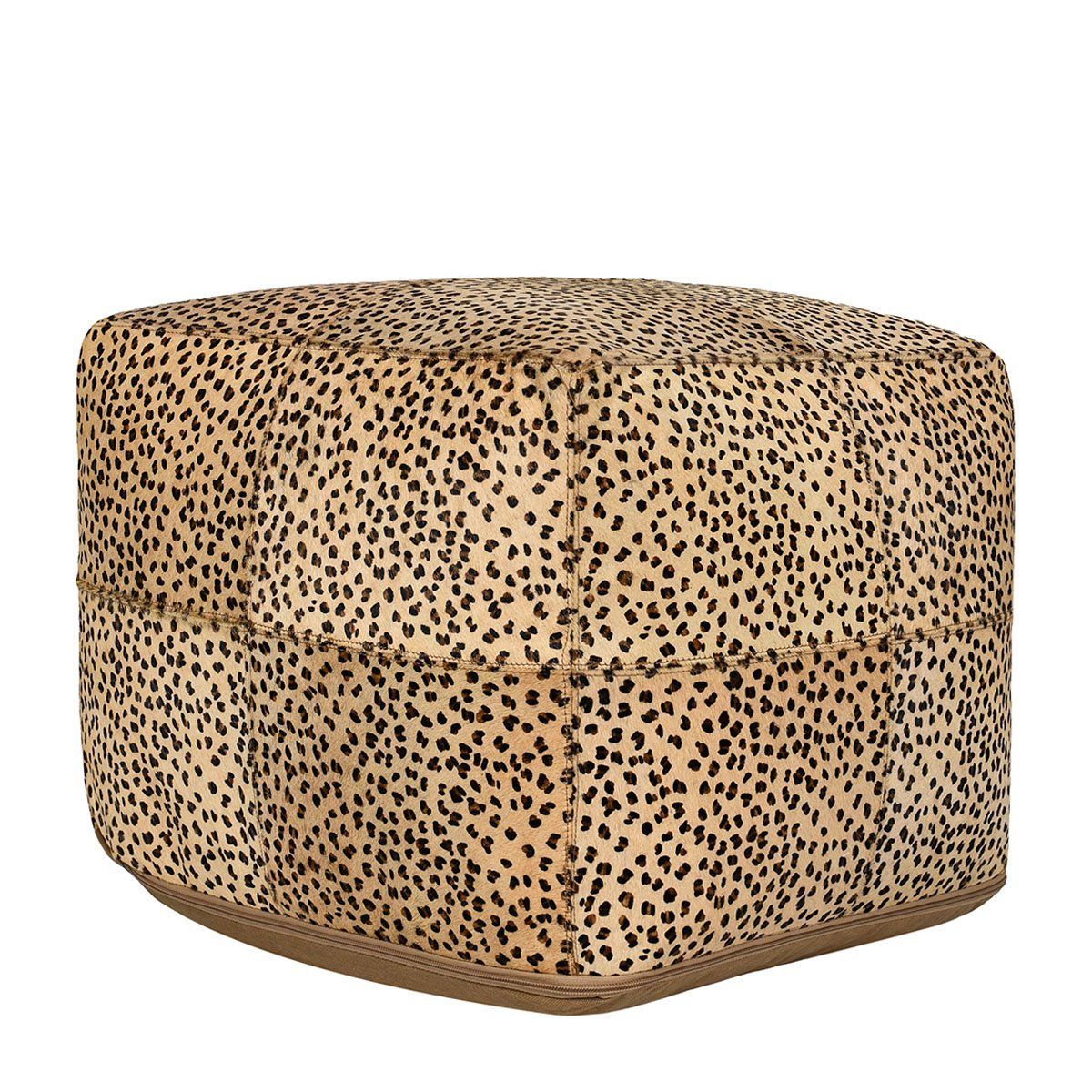 Camel hide pouf with leopard print upholstery and buttoned top seam