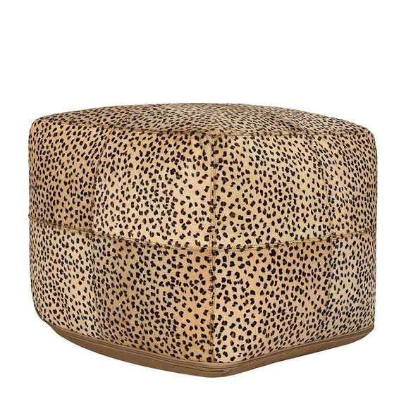 Camel hide pouf with leopard print upholstery and buttoned top seam