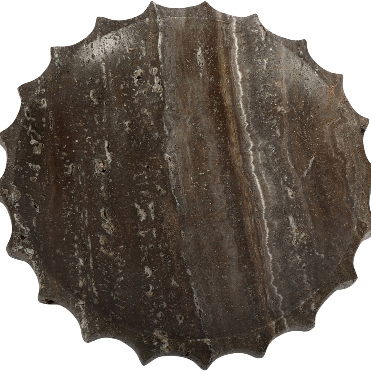 Dark gray travertine bowl with vertical cream veining and scalloped rim.