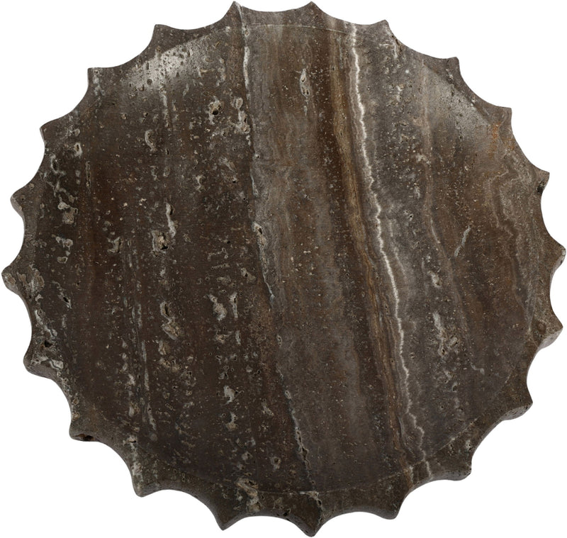 Dark gray travertine bowl with vertical cream veining and scalloped rim.