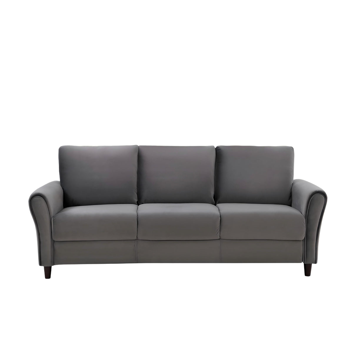 Dark gray 3-seater sofa with curved arms and three padded seat back cushions