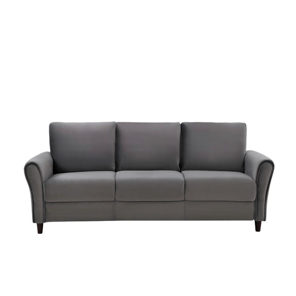 Dark gray 3-seater sofa with curved arms and three padded seat back cushions