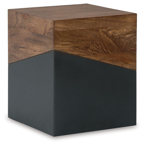 Brown wood and gunmetal gray cube accent table with square top and angled sides.