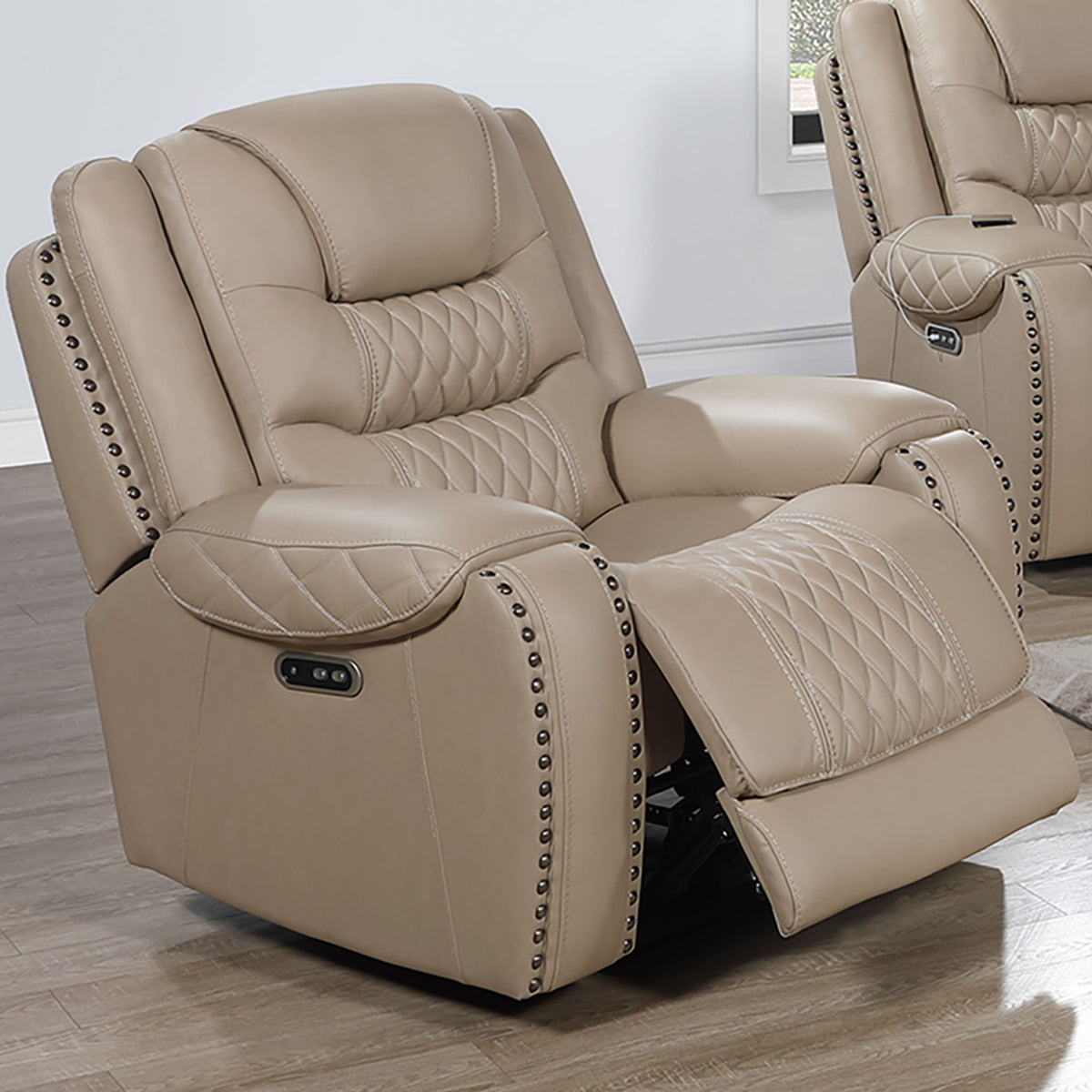 Toffee power recliner single chair with quilted back, arm cushions, and padded footrest