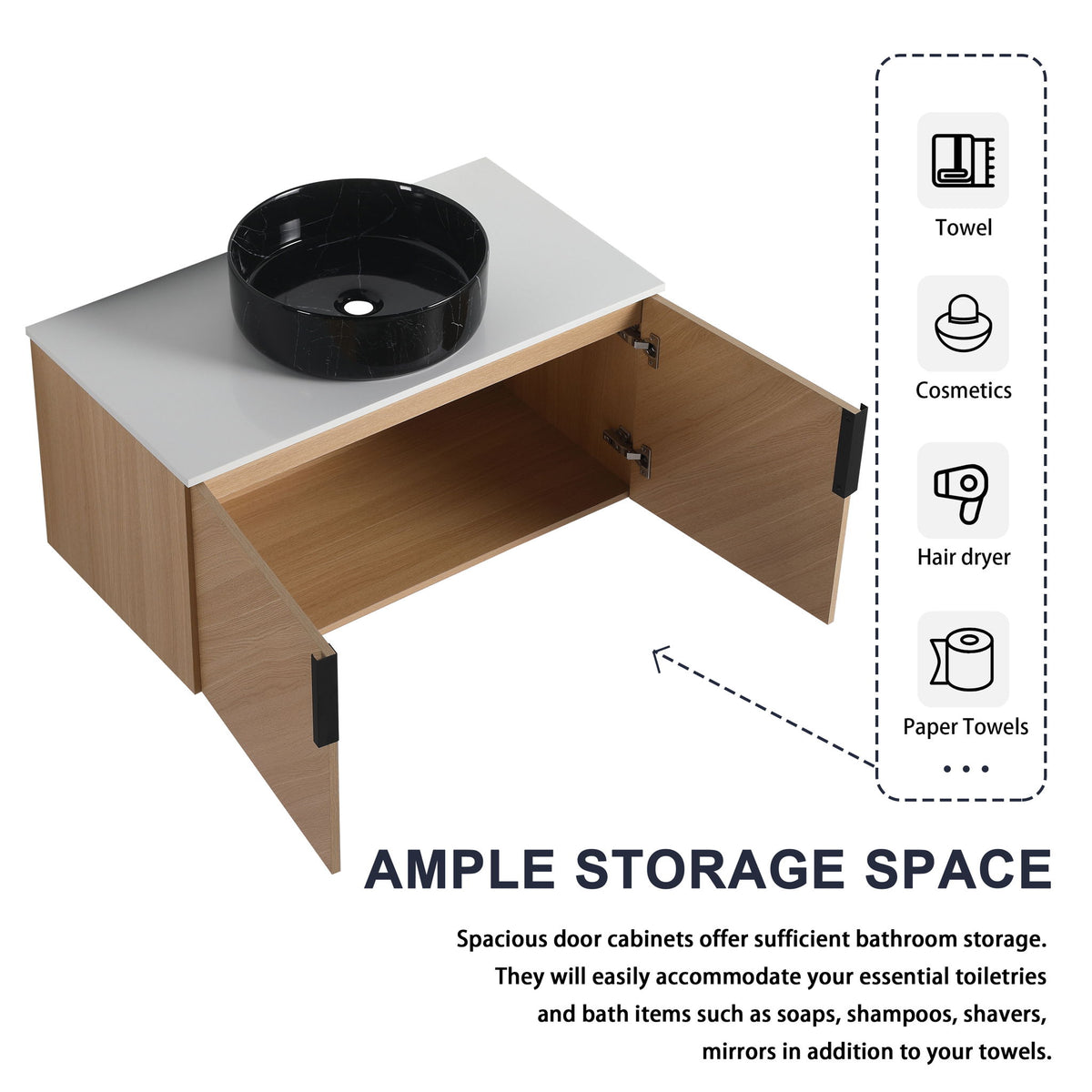 Wall-mounted bathroom vanity with black round vessel sink and light wood two-door cabinet