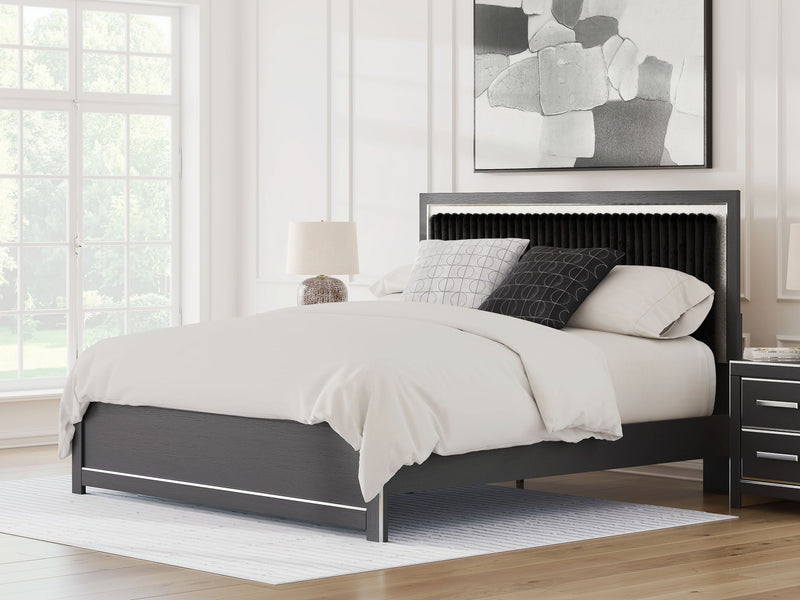 Upholstered platform bed with roll slats, dark frame with black upholstered headboard