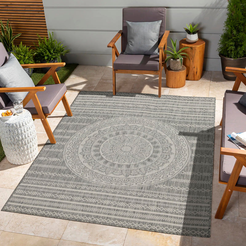 Indoor/outdoor area rug with gray circular medallion, ornamental rings, and border stripes