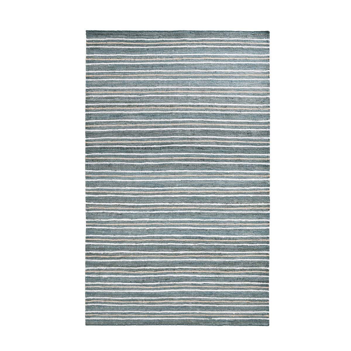 Blue striped area rug with thin horizontal lines and light speckled texture