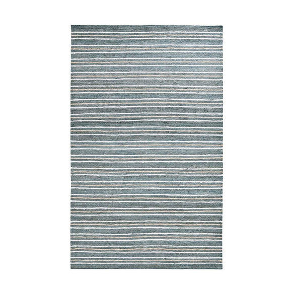 Blue striped area rug with thin horizontal lines and light speckled texture